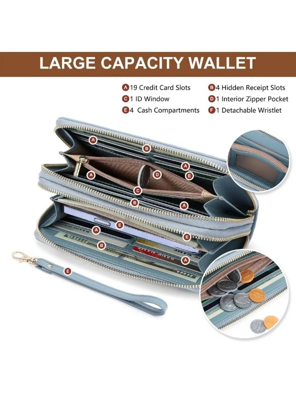 Vegan Leather RFID Blocking Large Capacity Double Zip Wristlet Wallet for Women